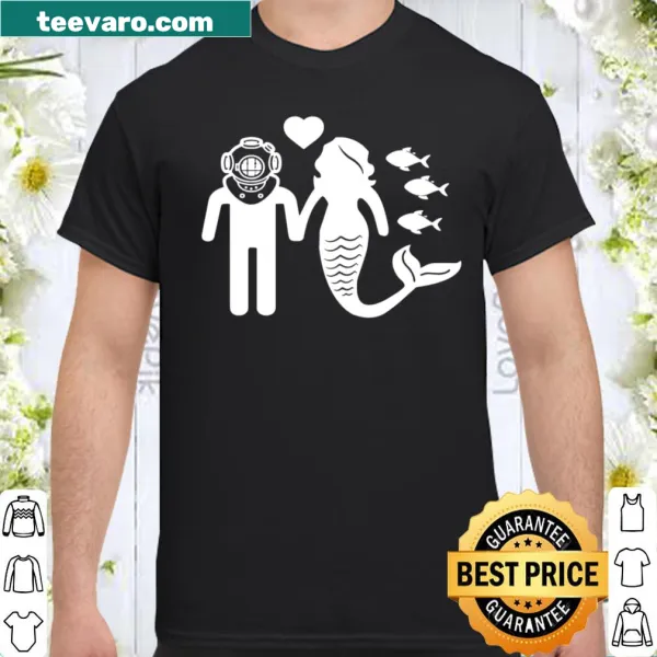 Whimsical illustration of a mermaid and a diver in love