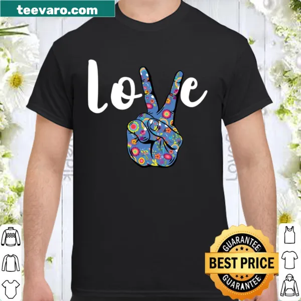 Shirt with peace sign hand surrounded by flowers and hearts