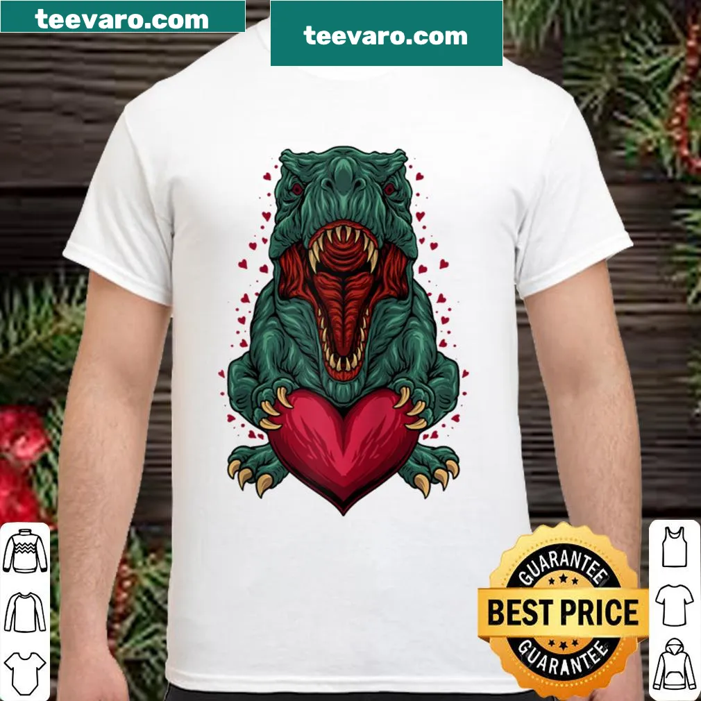 Cartoon T-Rex holding a heart for Valentine’s Day