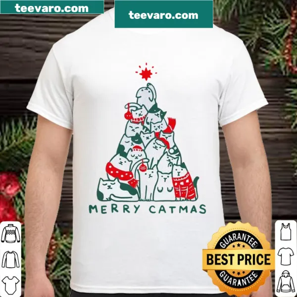 Sweatshirt with Merry Catmas text and playful cat illustrations