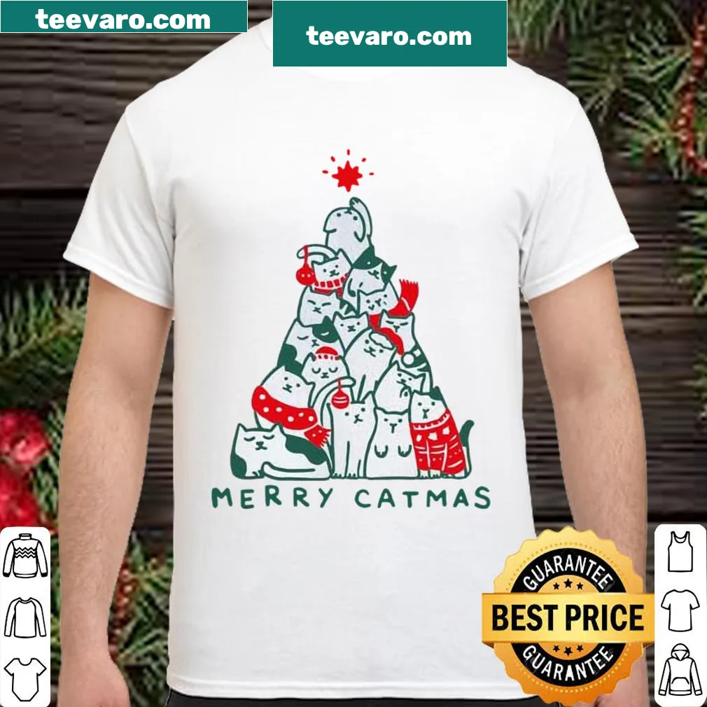 Sweatshirt with Merry Catmas text and playful cat illustrations