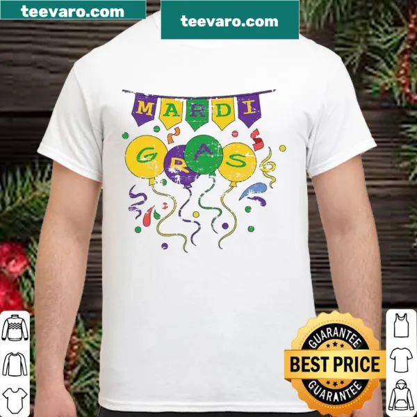 Mardi Gras themed shirt with balloons and parade motifs