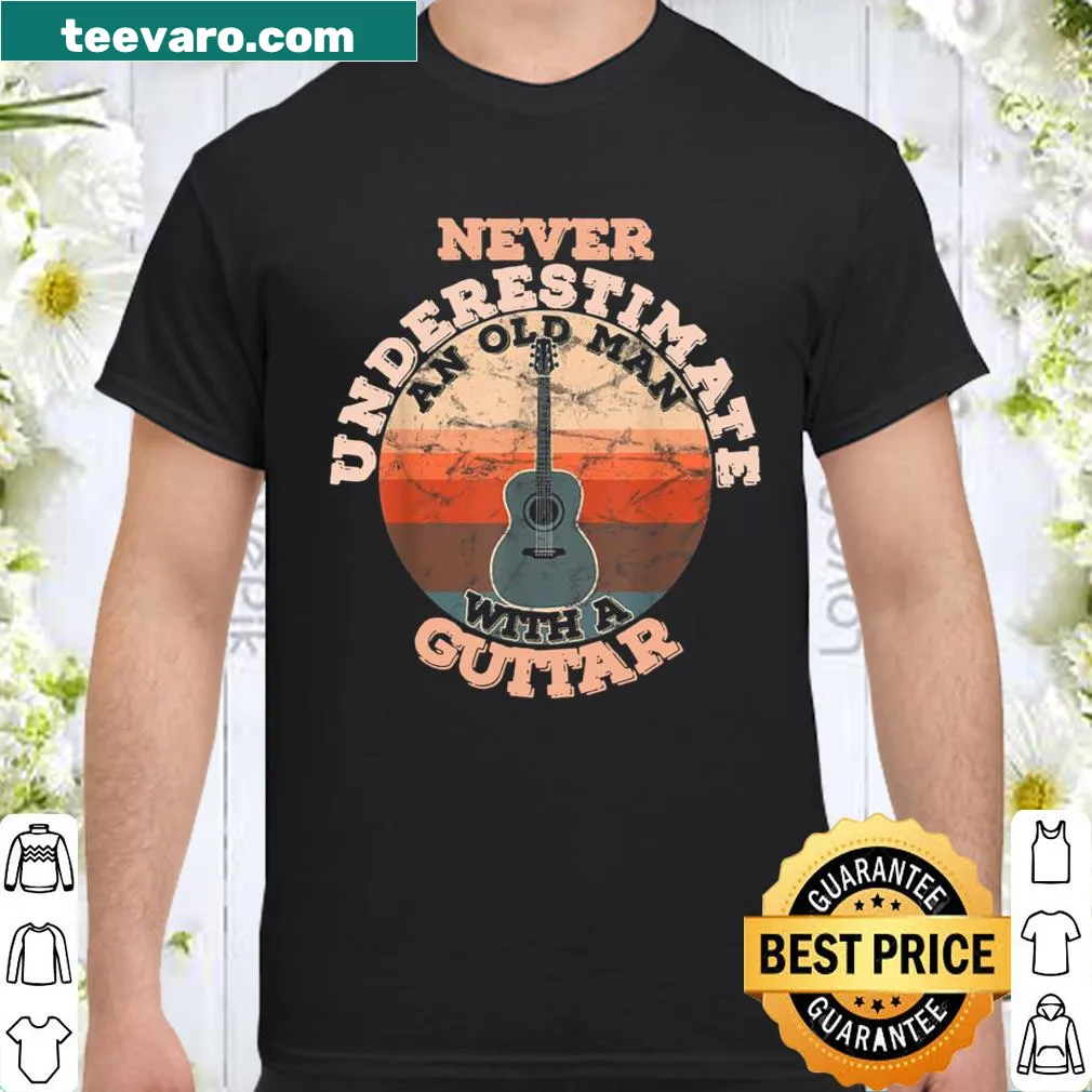 Playful message about old men and guitars on a T-shirt