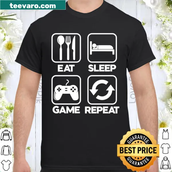 Funny gamer t-shirt with 'Eat Sleep Game Repeat' text