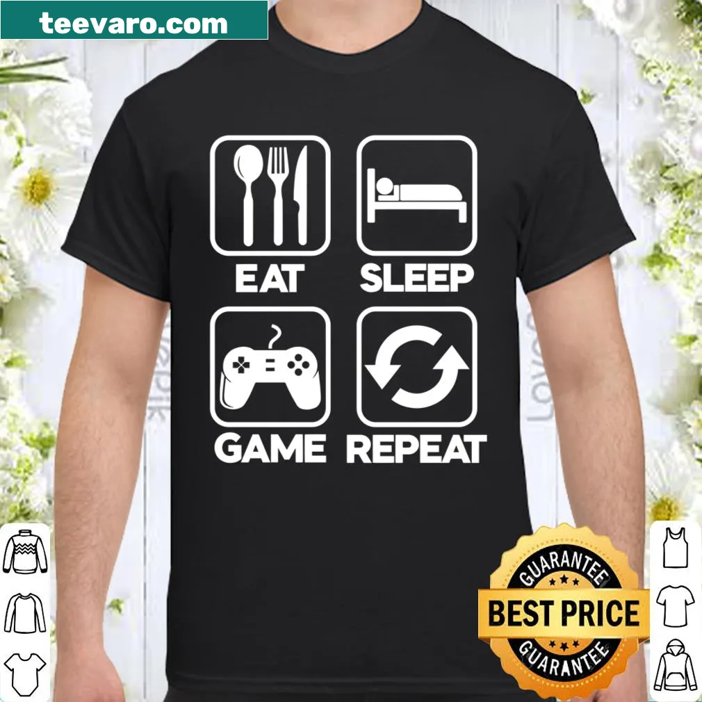 Funny gamer t-shirt with 'Eat Sleep Game Repeat' text