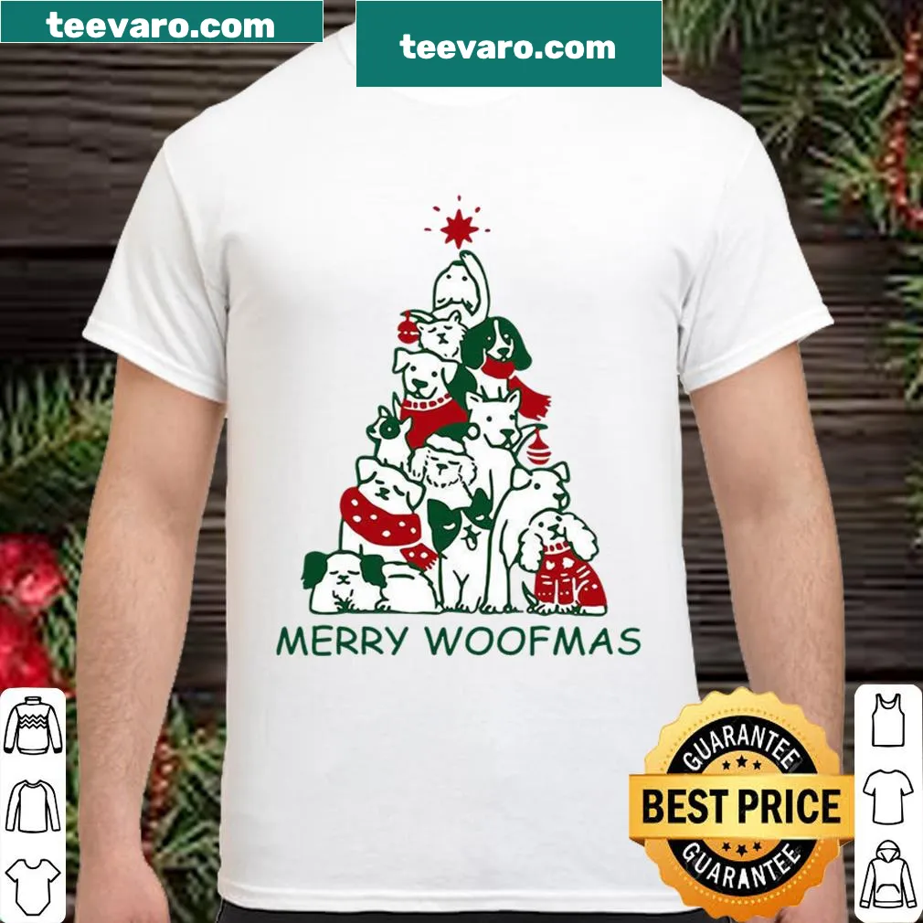 Illustration of dogs around a Christmas tree on a Woofmas shirt