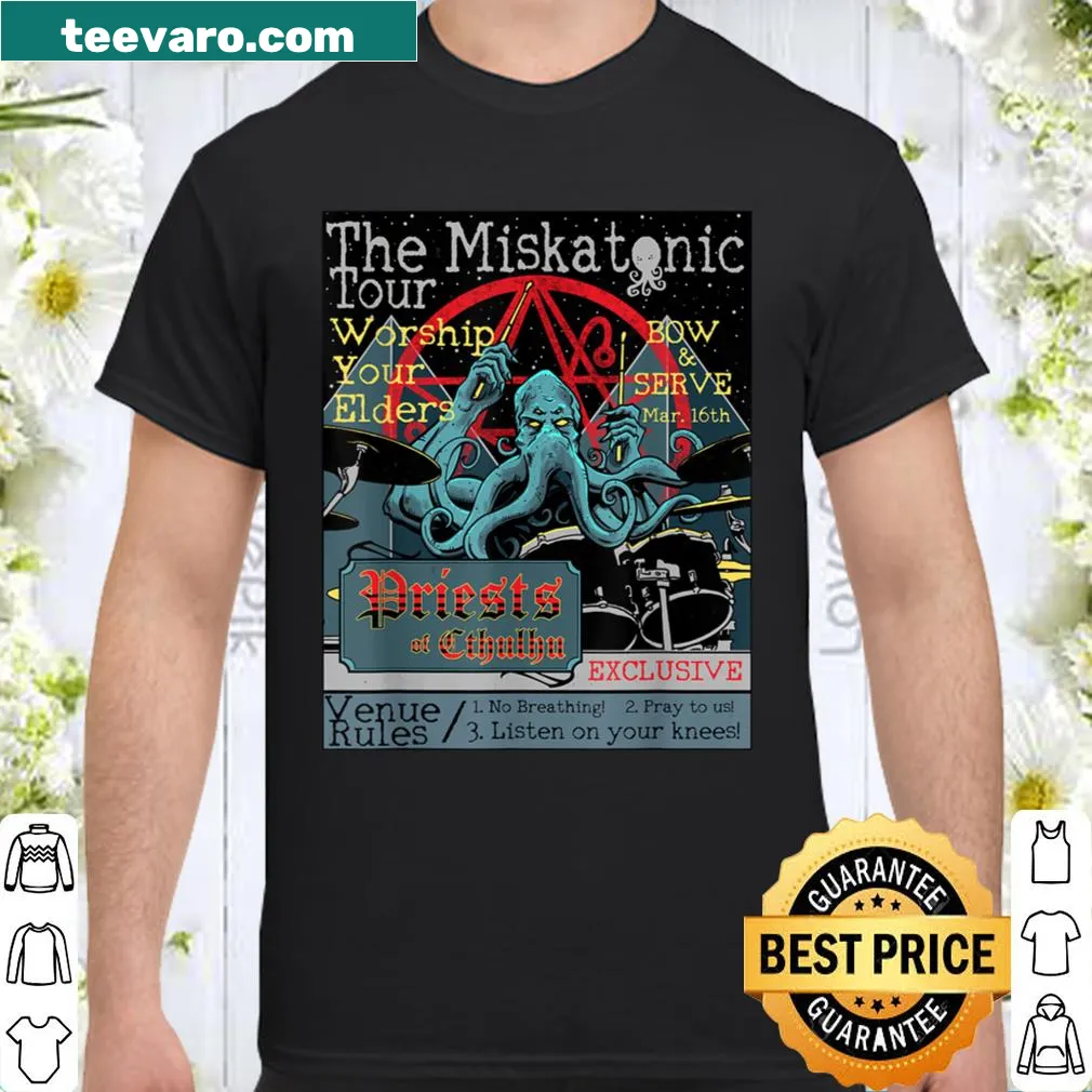Cartoon Cthulhu drummer graphic on a horror-themed shirt