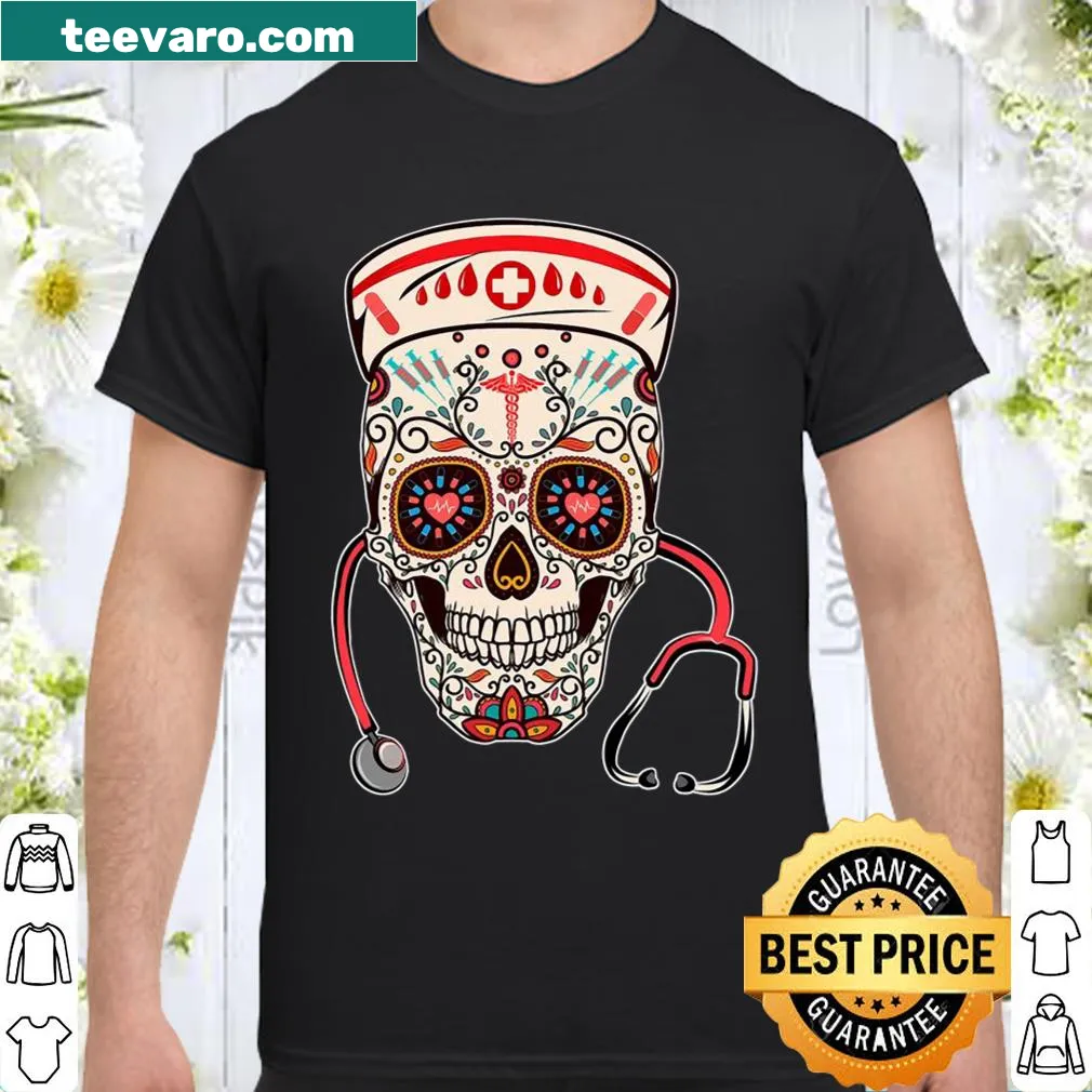 Nurse-themed sugar skull shirt for Halloween