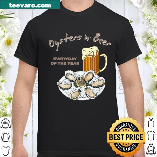 Shirt featuring typography design of oysters and beer