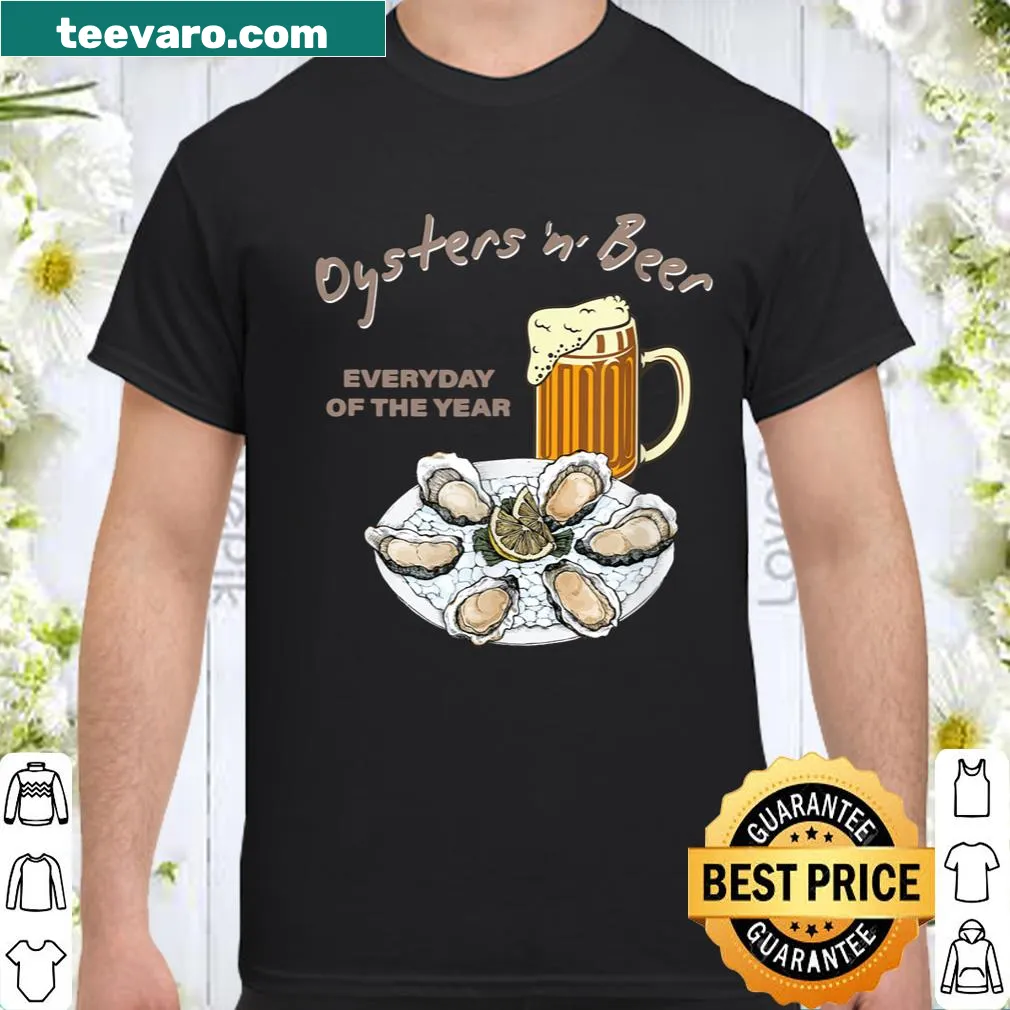 Shirt featuring typography design of oysters and beer
