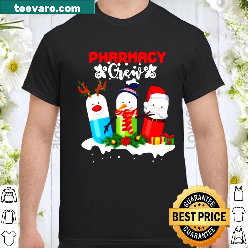 Christmas-themed pharmacy crew shirt featuring a snowman and pills