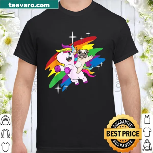 Cartoon Pugicorn t-shirt featuring a cute pug with a unicorn horn