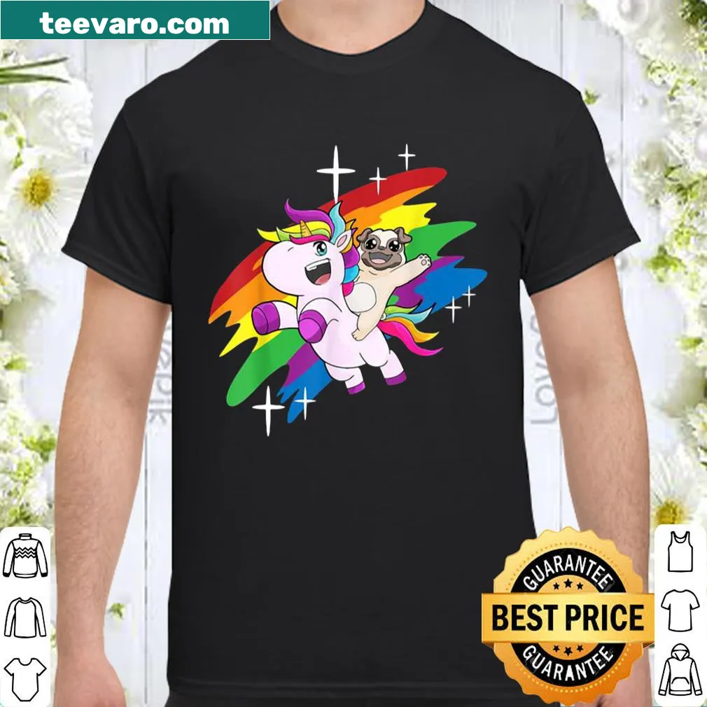 Cartoon Pugicorn t-shirt featuring a cute pug with a unicorn horn