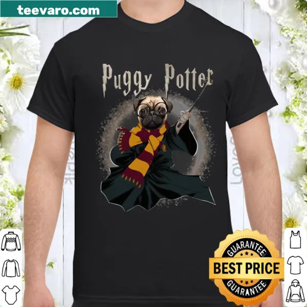 Funny pug wizard shirt featuring cartoon pug in wizard costume