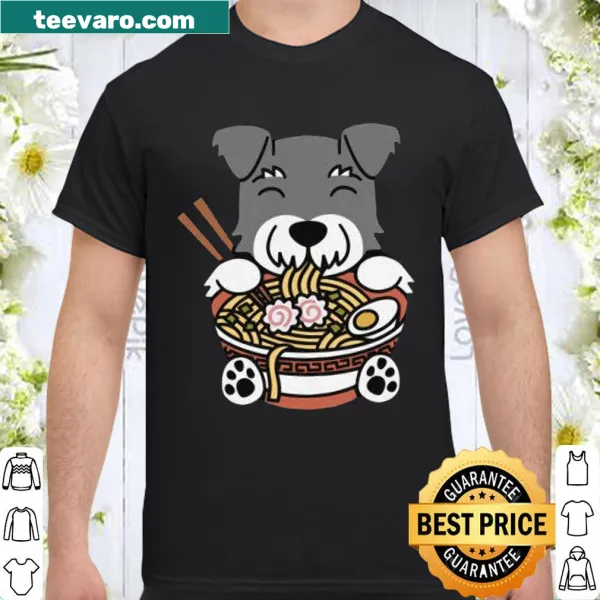 Illustration of a Miniature Schnauzer beside ramen noodles on a t-shirt