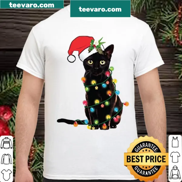 Funny Christmas sweatshirt with Santa and black cat tangled in lights