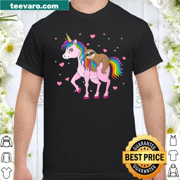 Funny shirt featuring a sloth riding a unicorn for Valentine's Day.