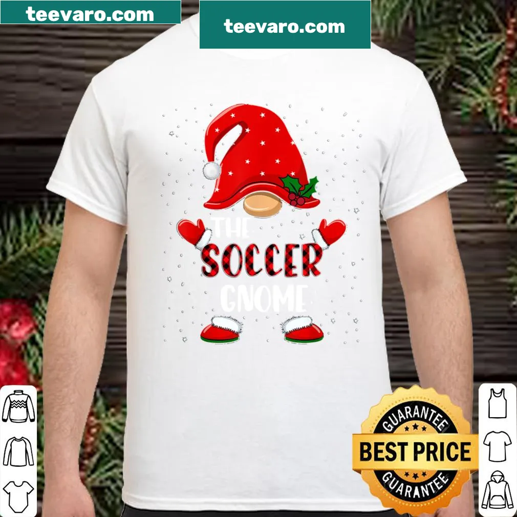 Matching Christmas pajama shirt with a soccer gnome and buffalo plaid design