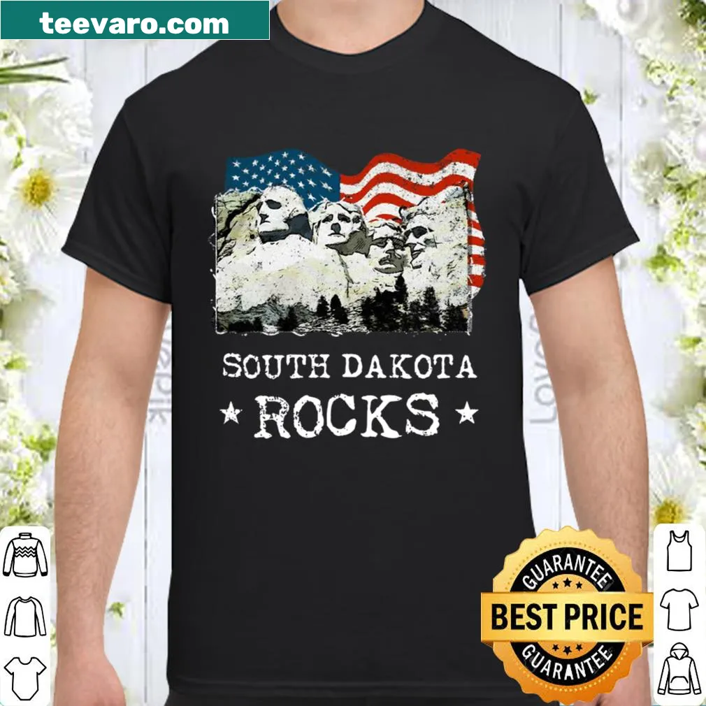 Vintage-style T-shirt with 'South Dakota Rocks' text