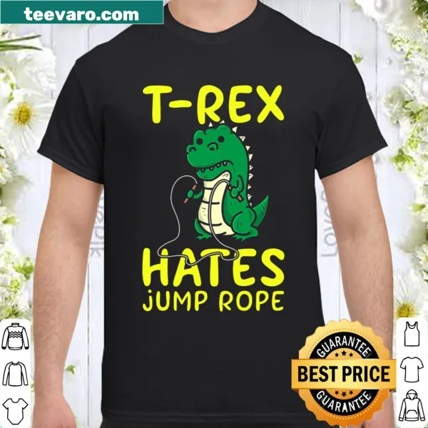Cartoon T-Rex hating jump rope in a humorous design