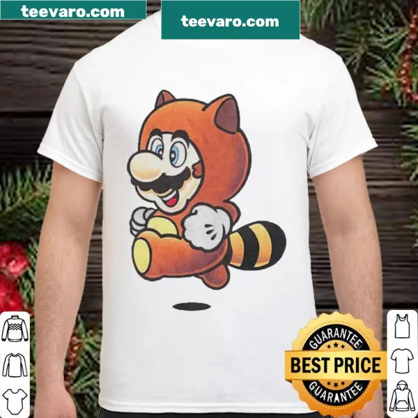 Illustrated Tanooki Mario from Super Mario Bros on a t-shirt
