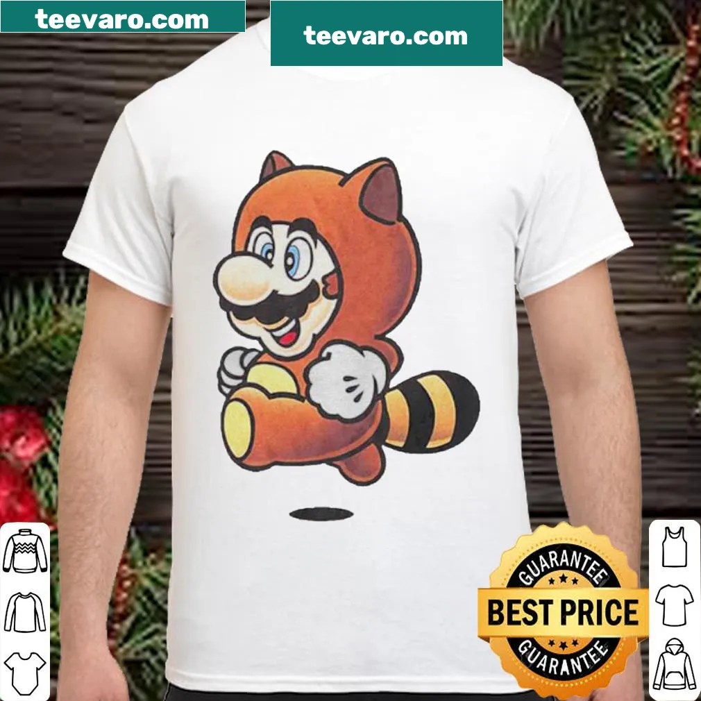 Illustrated Tanooki Mario from Super Mario Bros on a t-shirt