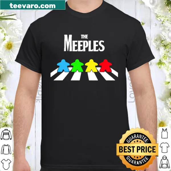 Shirt featuring gaming meeples crossing Abbey Road in a playful illustration.