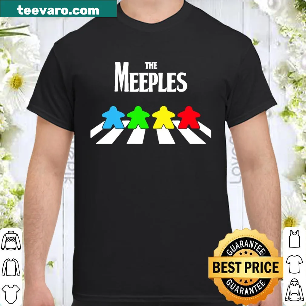 Shirt featuring gaming meeples crossing Abbey Road in a playful illustration.