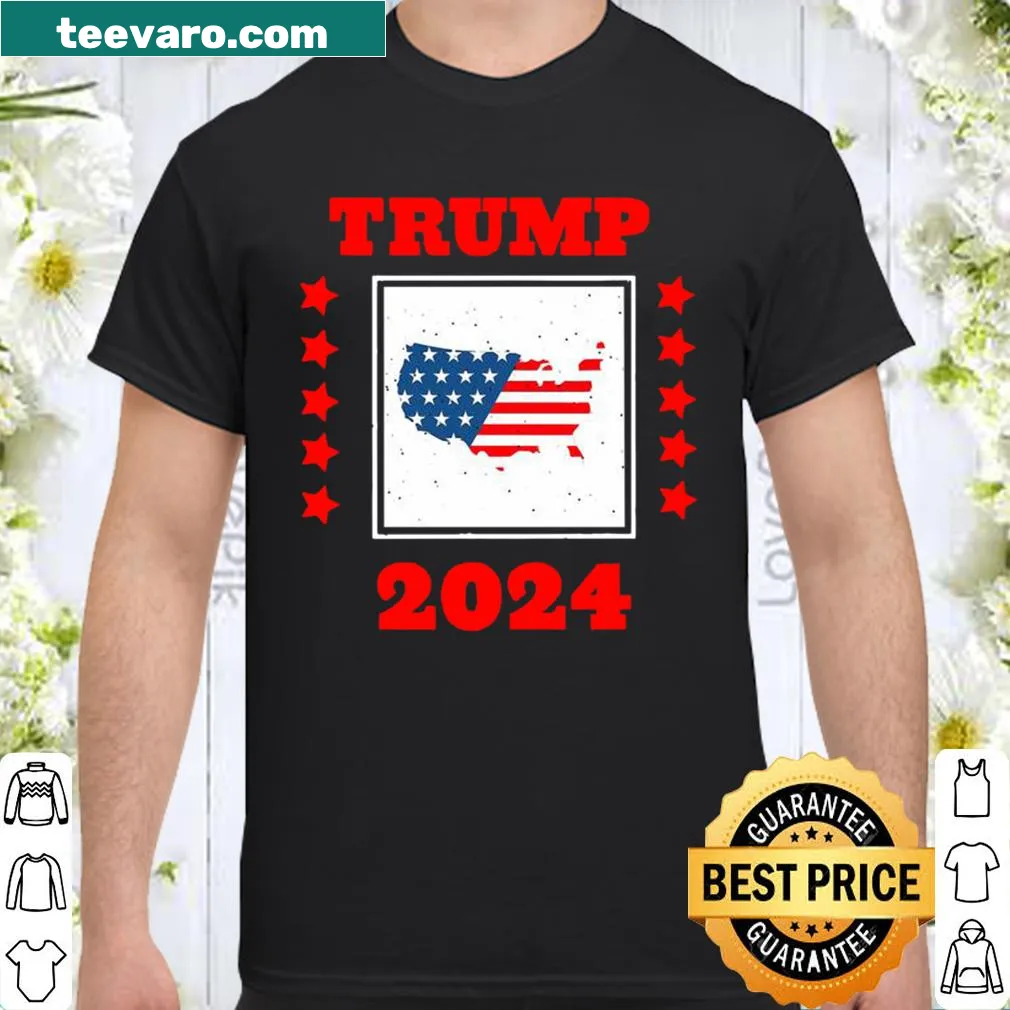 Patriotic shirt with Trump 2024 slogan and American flag map.