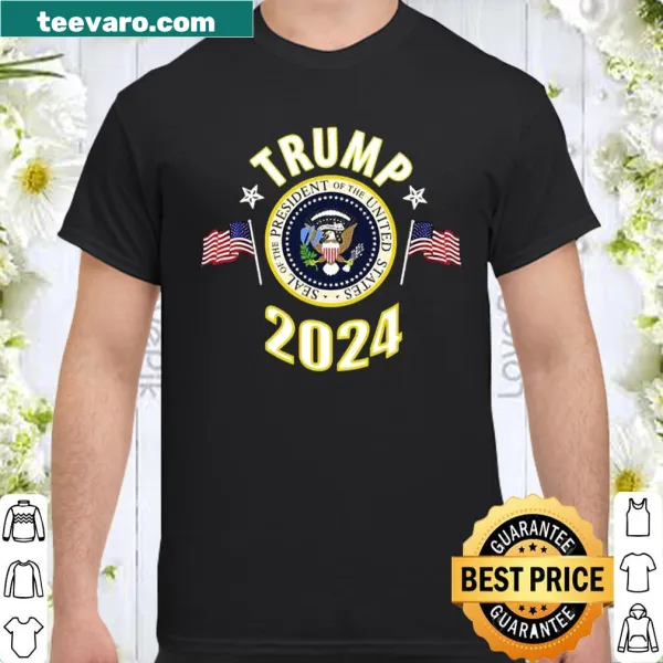 Trump 2024 shirt with presidential seal, eagle, and American flag design
