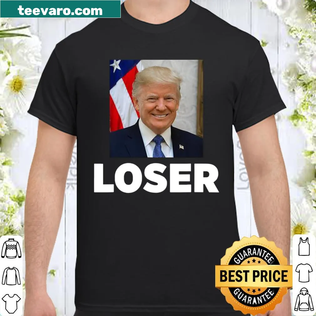 Humorous shirt with text 'Trump Loser' and a smiling graphic with the American flag