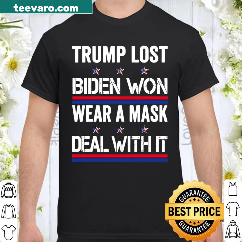 Patriotic shirt with text about Trump and Biden surrounded by stars and flags