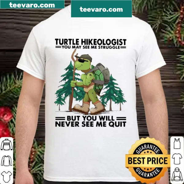 Playful turtle-themed hiking shirt with motivational quote