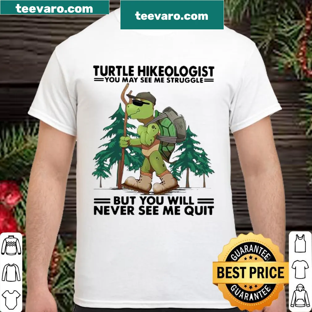 Playful turtle-themed hiking shirt with motivational quote