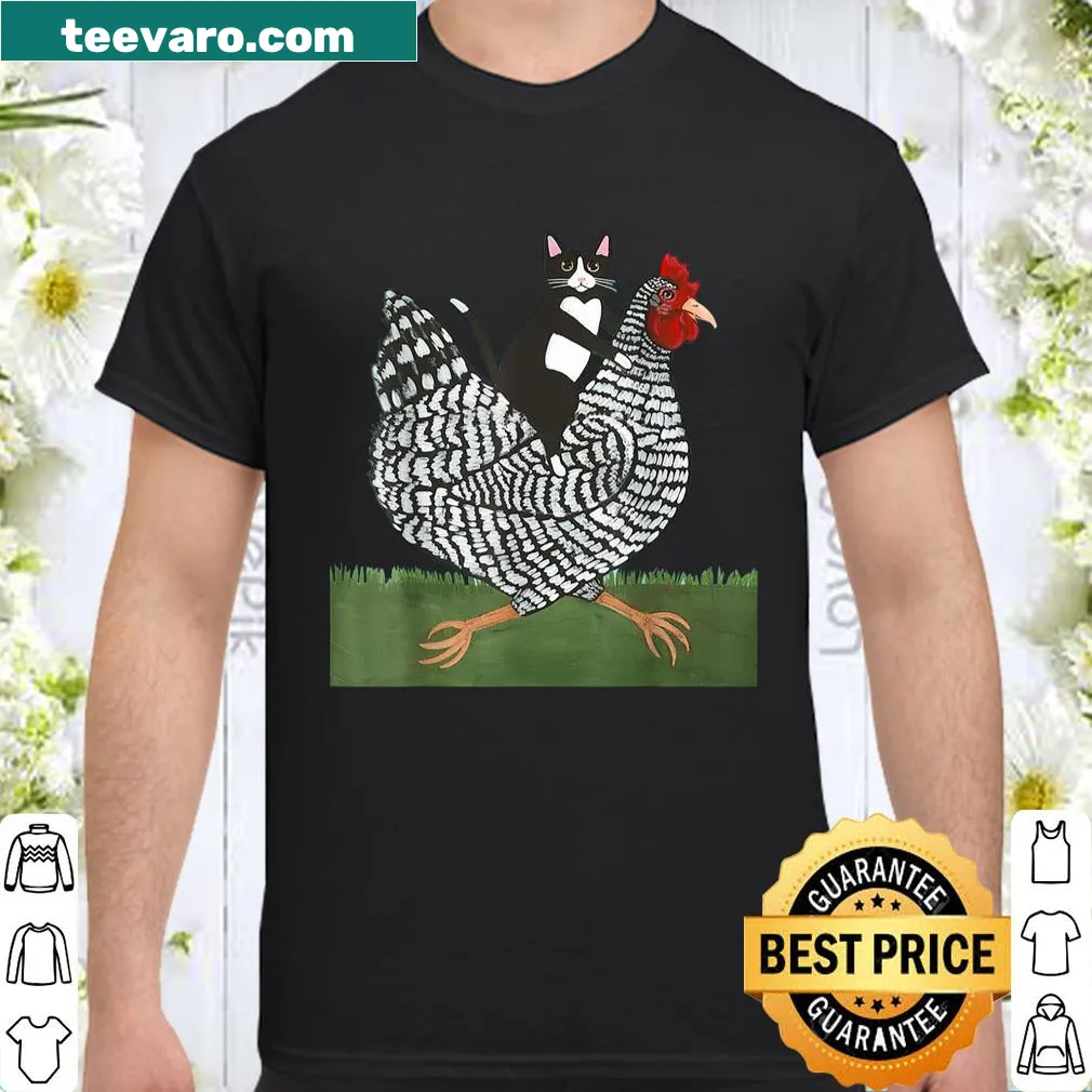 Shirt featuring a tuxedo cat riding a chicken