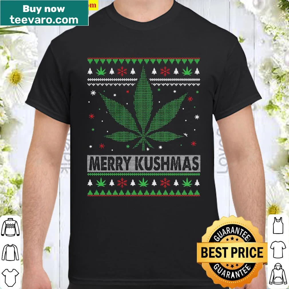 Humorous Christmas shirt with marijuana leaves and festive text