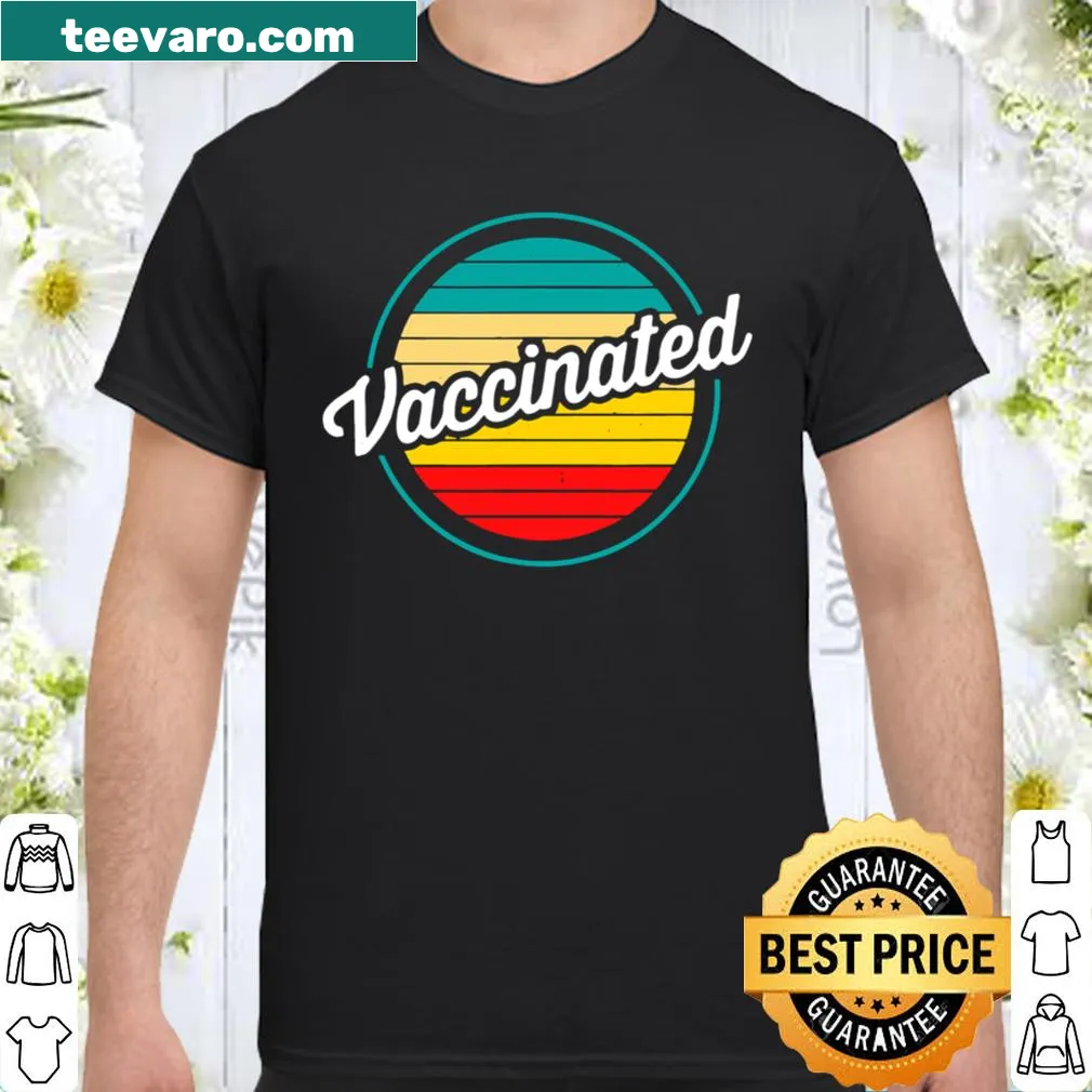 Retro sunset graphic shirt celebrating vaccination — on a women's shirt