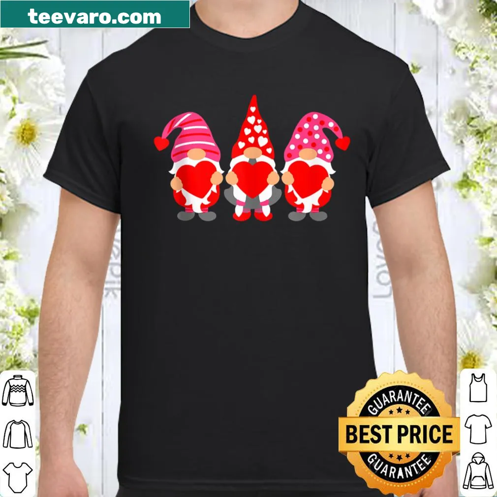 Cute Valentine shirt featuring gnomes holding hearts.