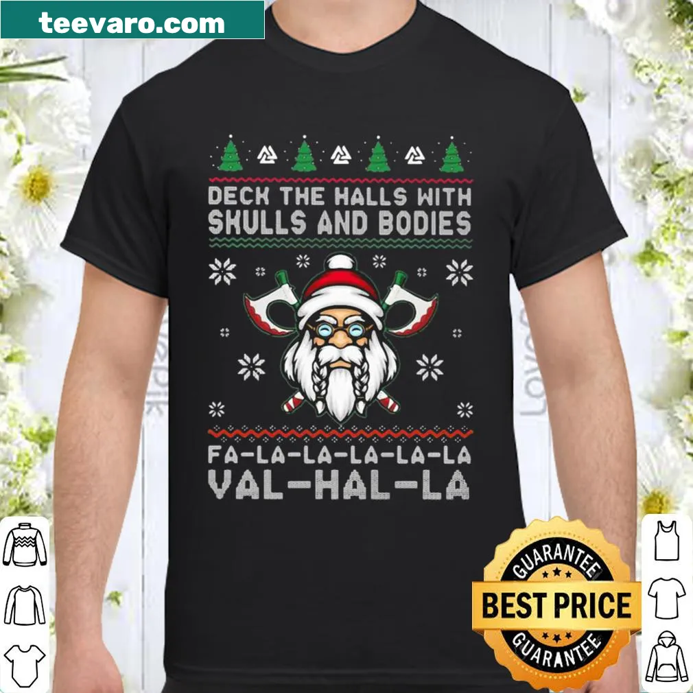 Viking Santa Claus shirt featuring skulls and festive elements in a humorous design