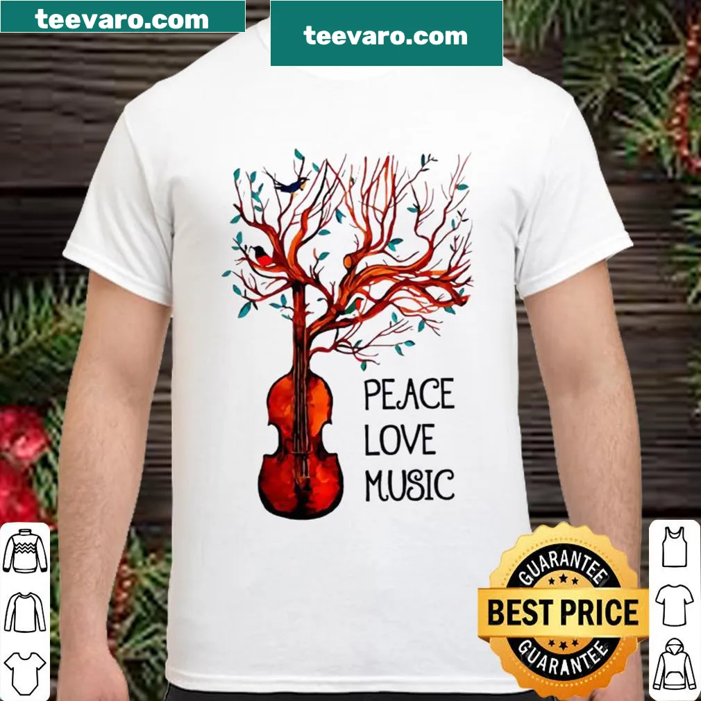 Illustration of viola with peace and love text on a music-themed shirt