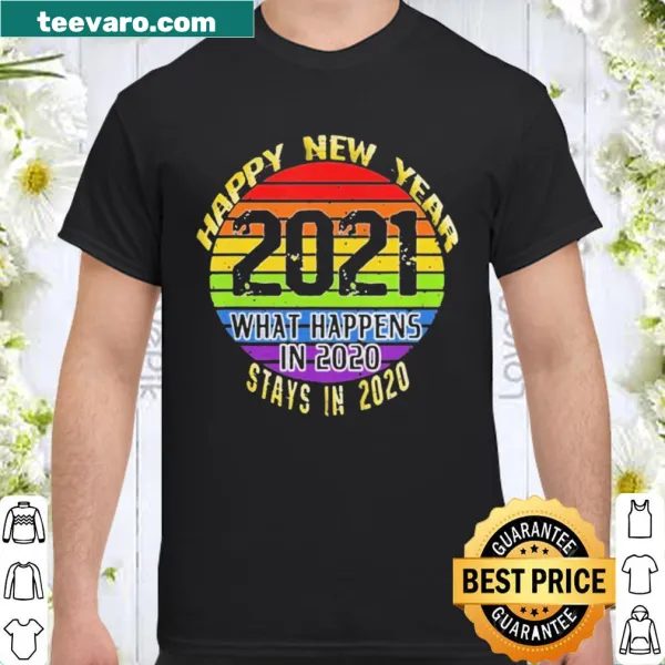 Vintage-style shirt with 'What Happens In 2020' printed in a cheerful font.