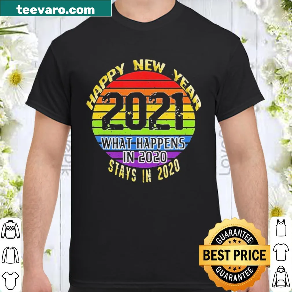 Vintage-style shirt with 'What Happens In 2020' printed in a cheerful font.