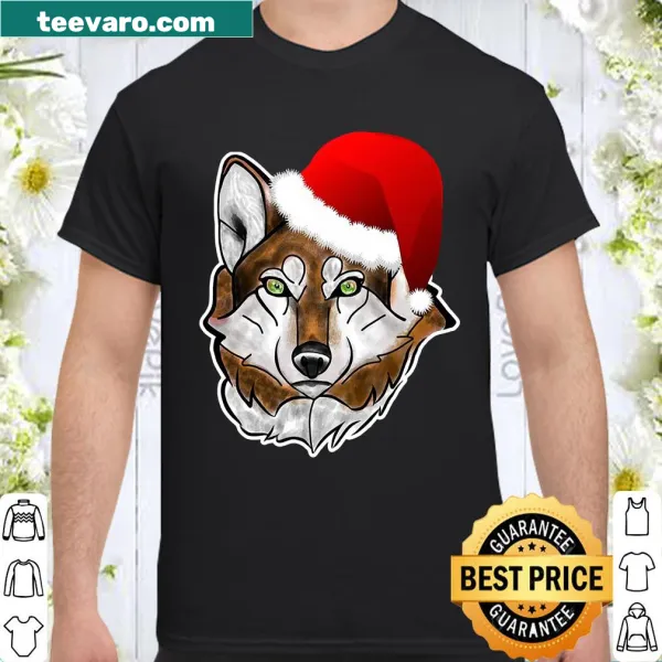 Wolf wearing a Santa hat, festive holiday t-shirt for wolf lovers