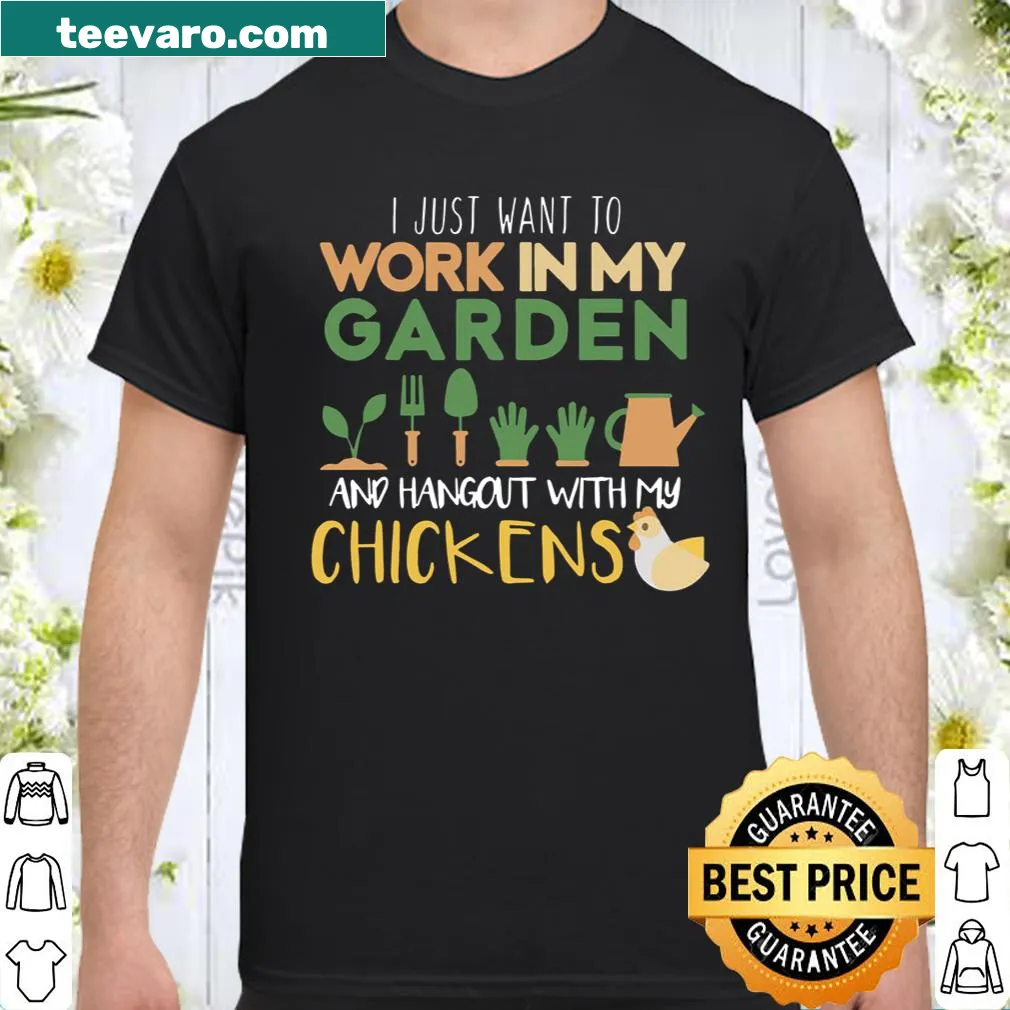 Illustration of chickens in a garden on a casual gardening shirt