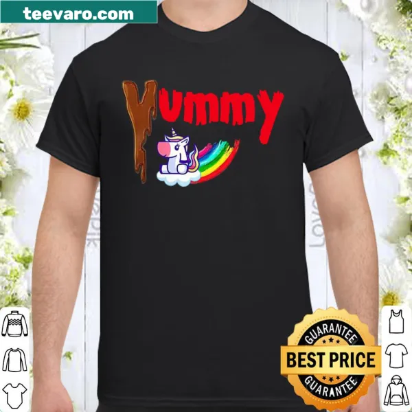 Chocolate unicorn graphic licking rainbow on a t-shirt