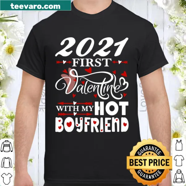 Couple's matching t-shirt featuring 'First Valentine With My Hot Boyfriend' text