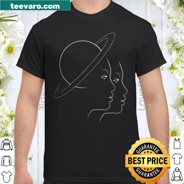 Minimalist Saturn design on a T-shirt, featuring clean lines and shapes