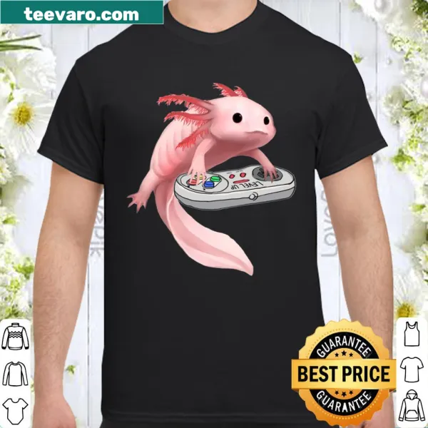 Shirt featuring an axolotl playing video games