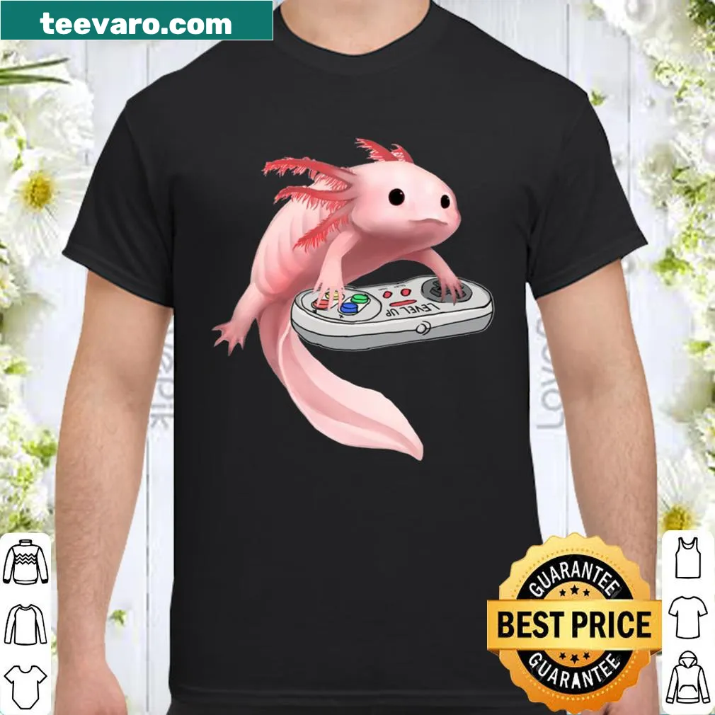 Shirt featuring an axolotl playing video games