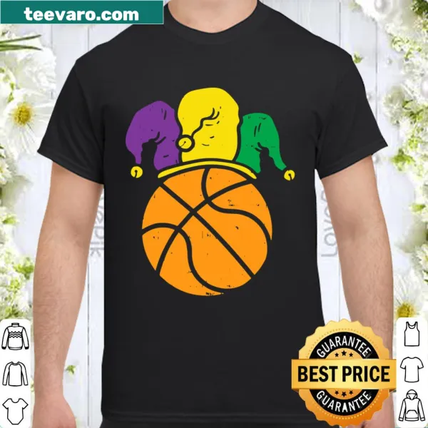 Playful shirt with basketball and jester hat illustrations